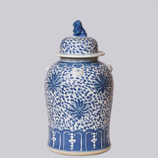 Blue & White Scrolling Lotus Temple Jar