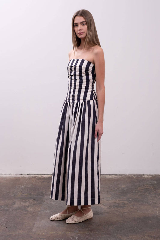 NAVY STRIPED STRAPLESS DRESS