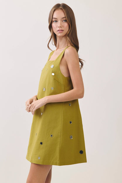 Olive Mirror Embellished Mini Dress