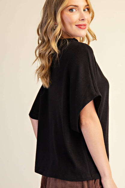 Mock Neck Short Sleeve Pullover Knit Top: Black / S