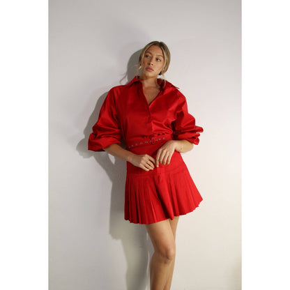RED SHIRT AND PLEATED SKIRT SET