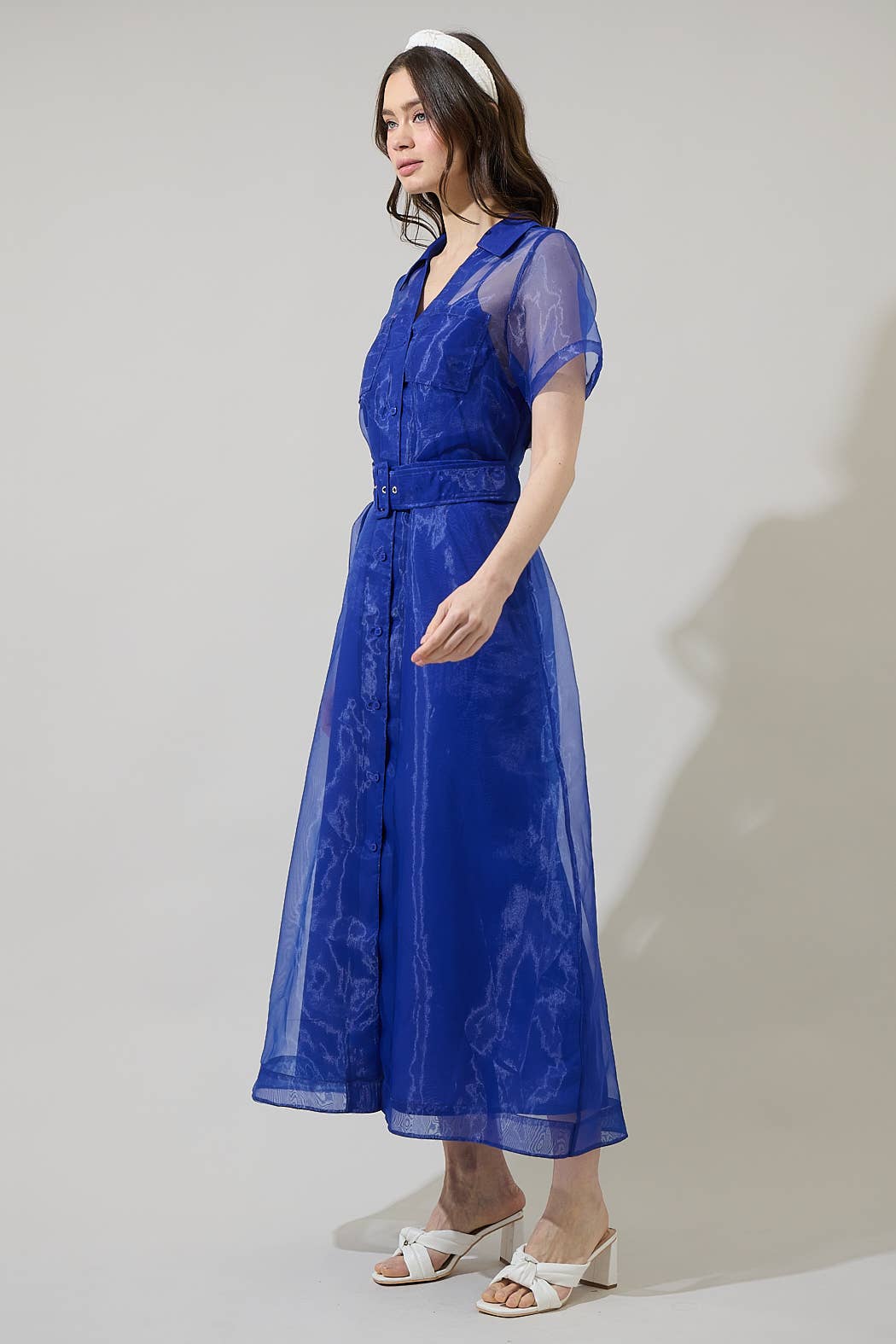 Navy Organza Button Down Maxi Dress