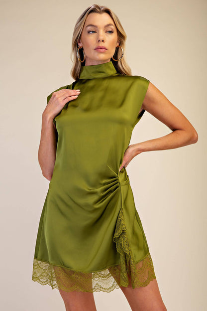 Olive High Neck Lace Mini Dress