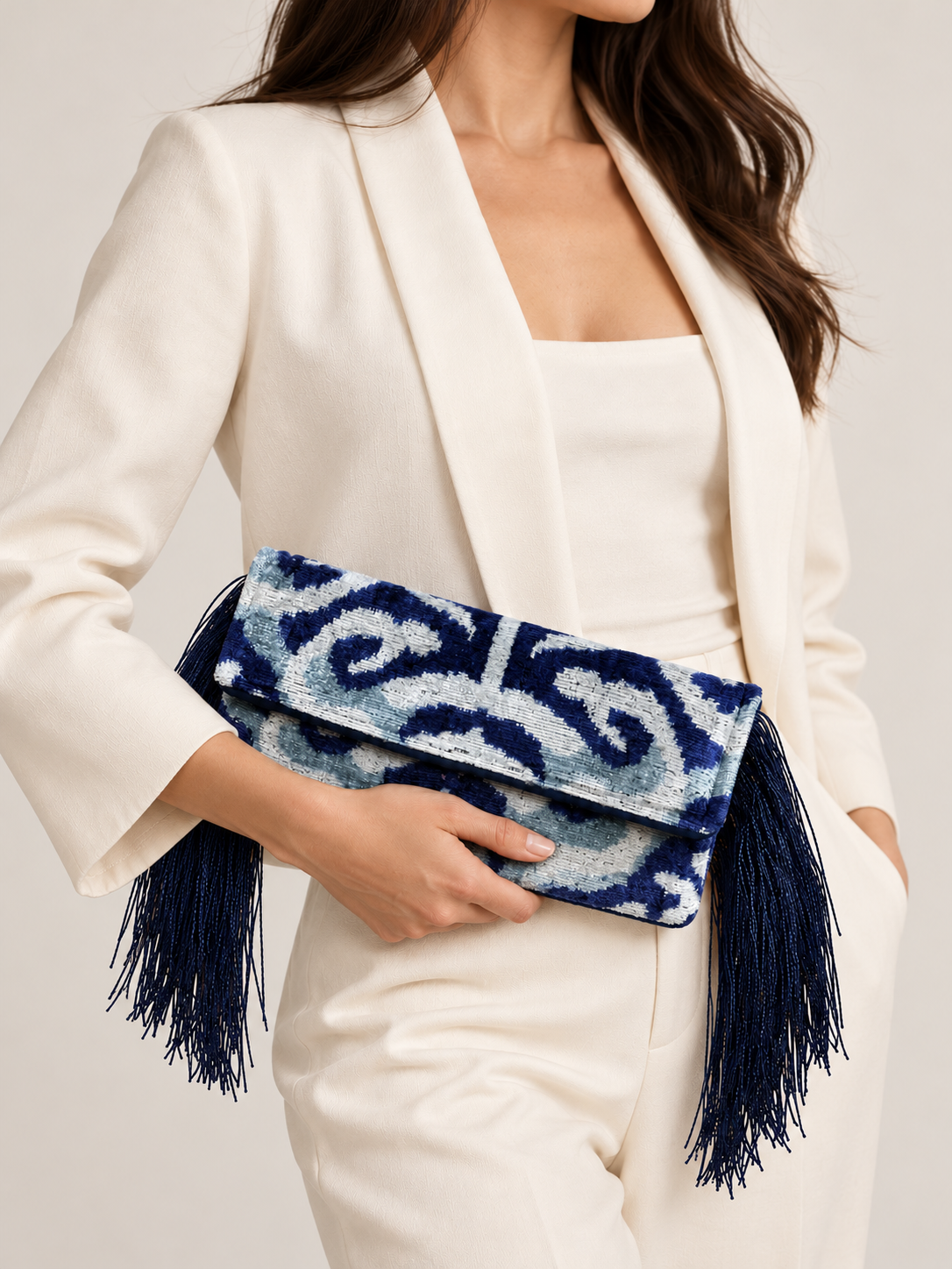 Blue & Navy Ikat Fringe Clutch