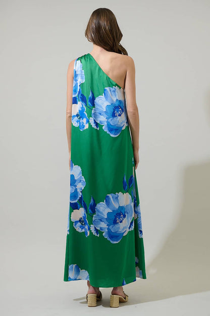 Green & Blue Floral Silk Maxi Dress