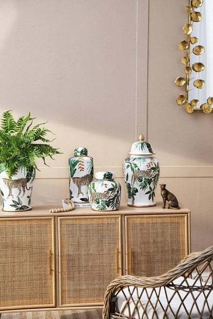 D9.5x18" White and Green Leaf Pattern Ginger Jar