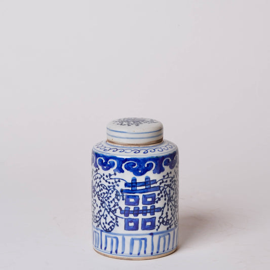 Mini Blue & White Double Happiness Cylinder Jar