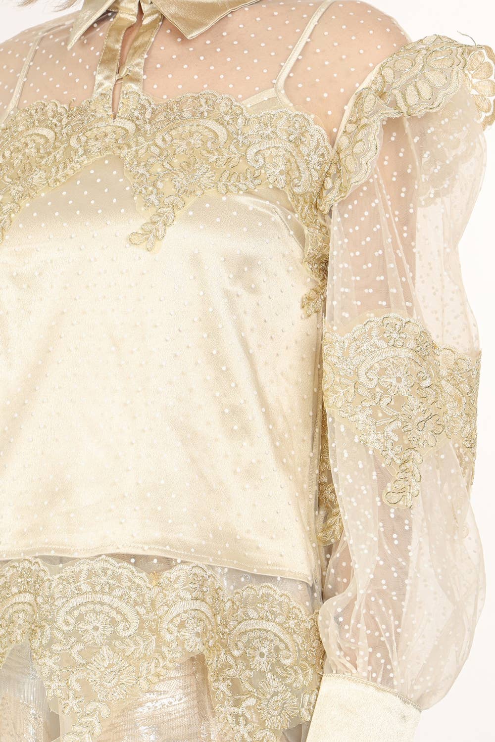 Gold Lace Trim  Chiffon Blouse