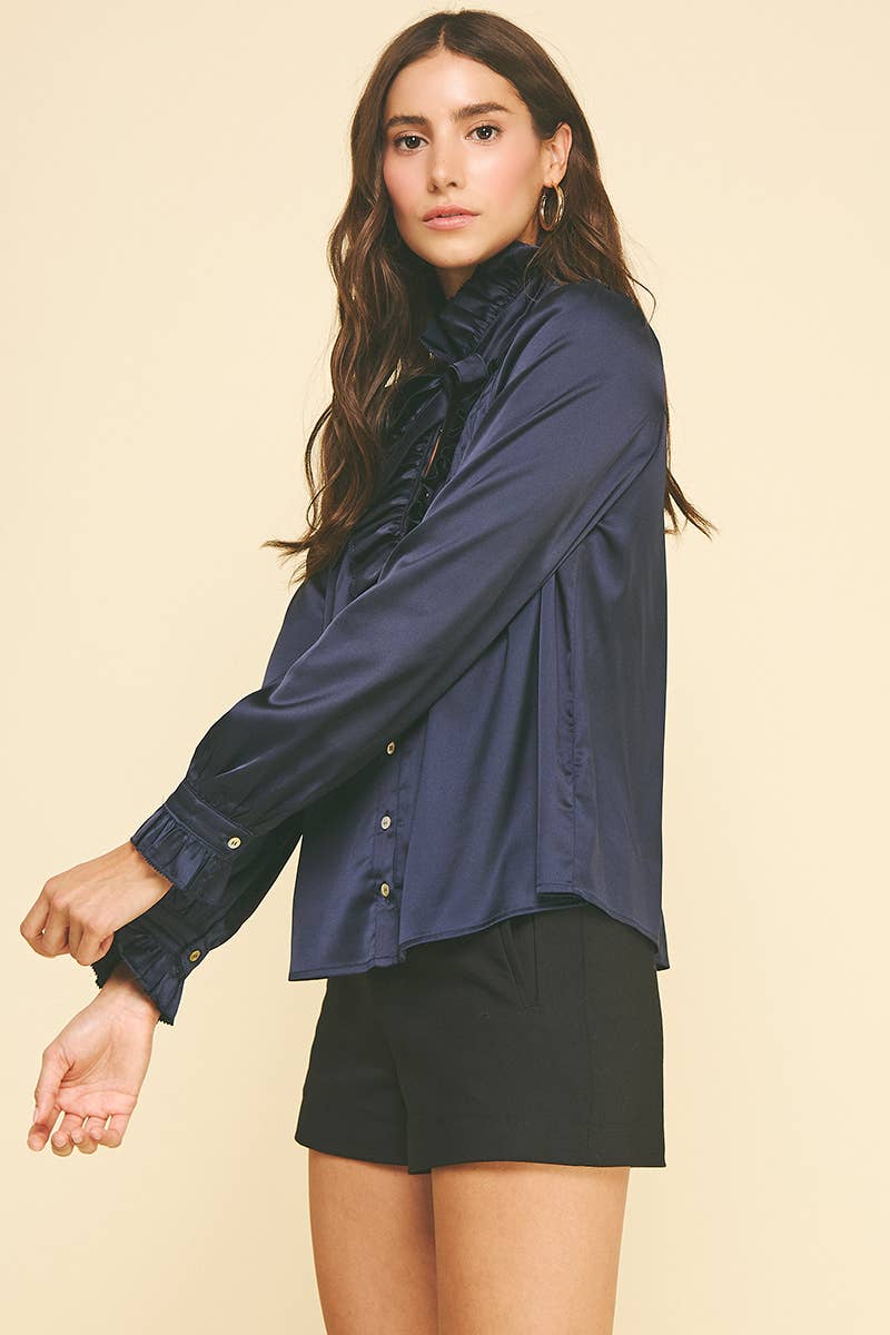 NAVY SATIN BUTTON DOWN TOP