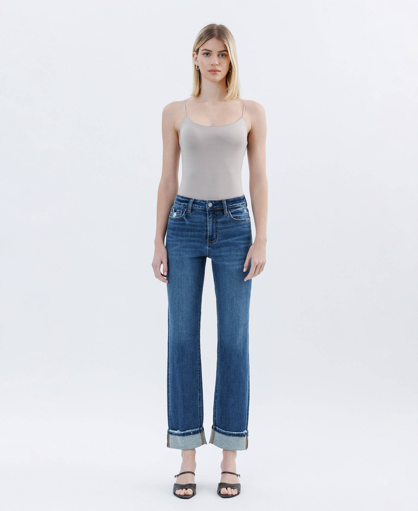 DARK WASH CUFFED STRAIGHT JEANS