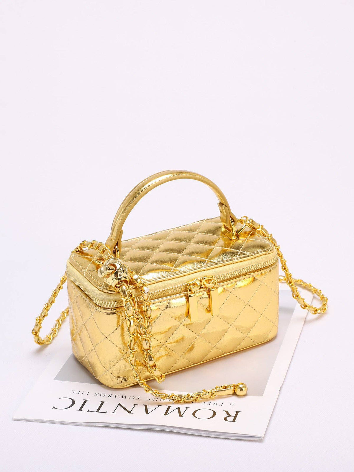 Elegant Gold Quilted Square Box Crossbody Handbag MK2LEC6W10BBG508: Gold