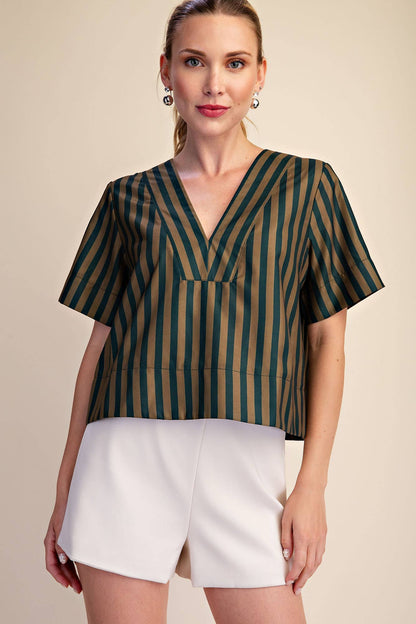 V-Neck Stripe Top - Green & Olive