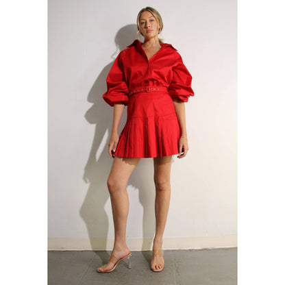 RED SHIRT AND PLEATED SKIRT SET