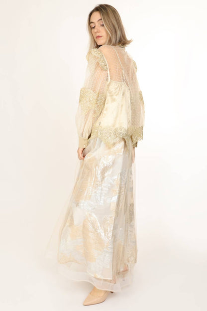 Gold Lace Trim  Chiffon Blouse