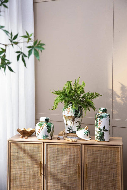 D9.5x18" White and Green Leaf Pattern Ginger Jar