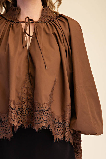 Plum Lace Puff-Sleeve Blouse