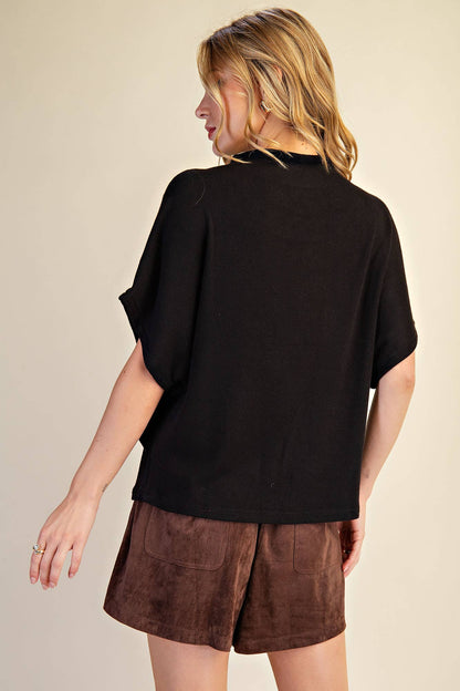 Mock Neck Short Sleeve Pullover Knit Top: Black / S