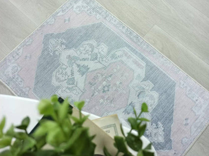 Turkish Rug, Gray Light Pink Ivory Vintage Oushak Geometric Area Rugs