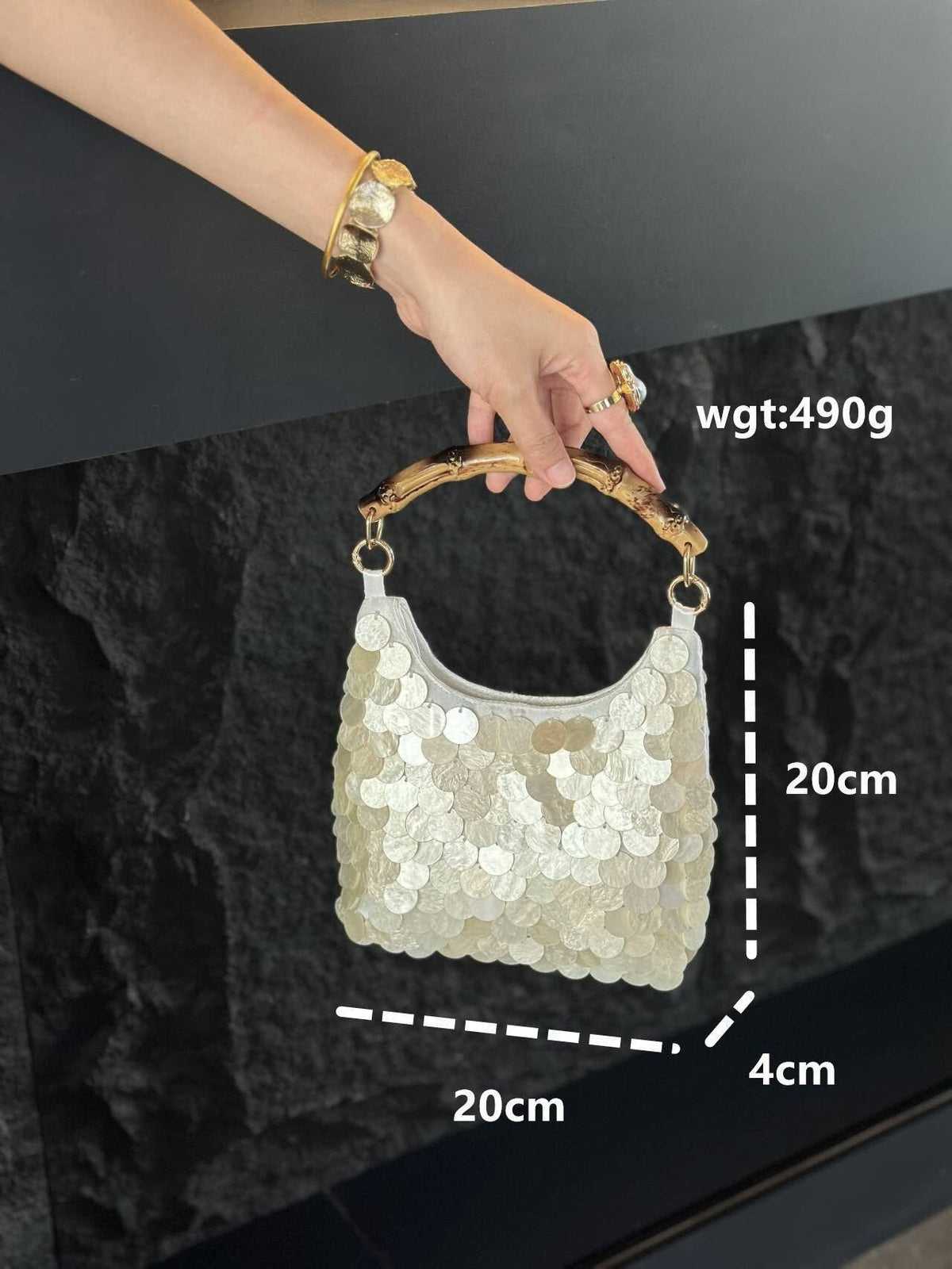 Trendy Shell Bamboo Handle Evening Handbag Bag MK2BLC6W10BBG316: Beige