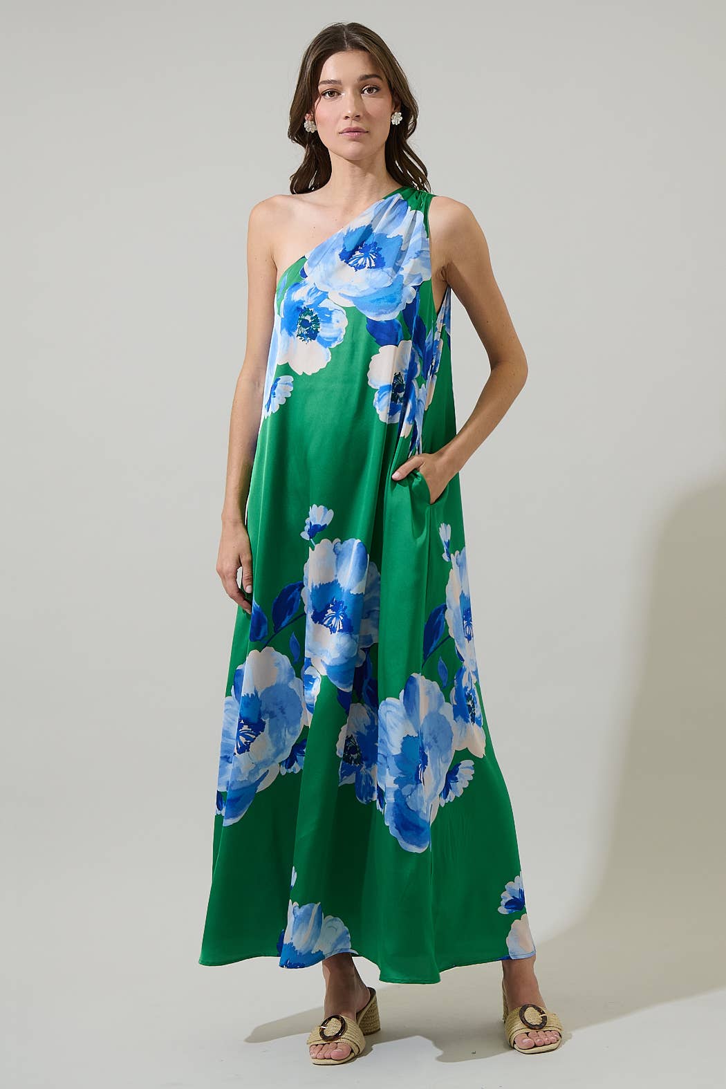 Green & Blue Floral Silk Maxi Dress
