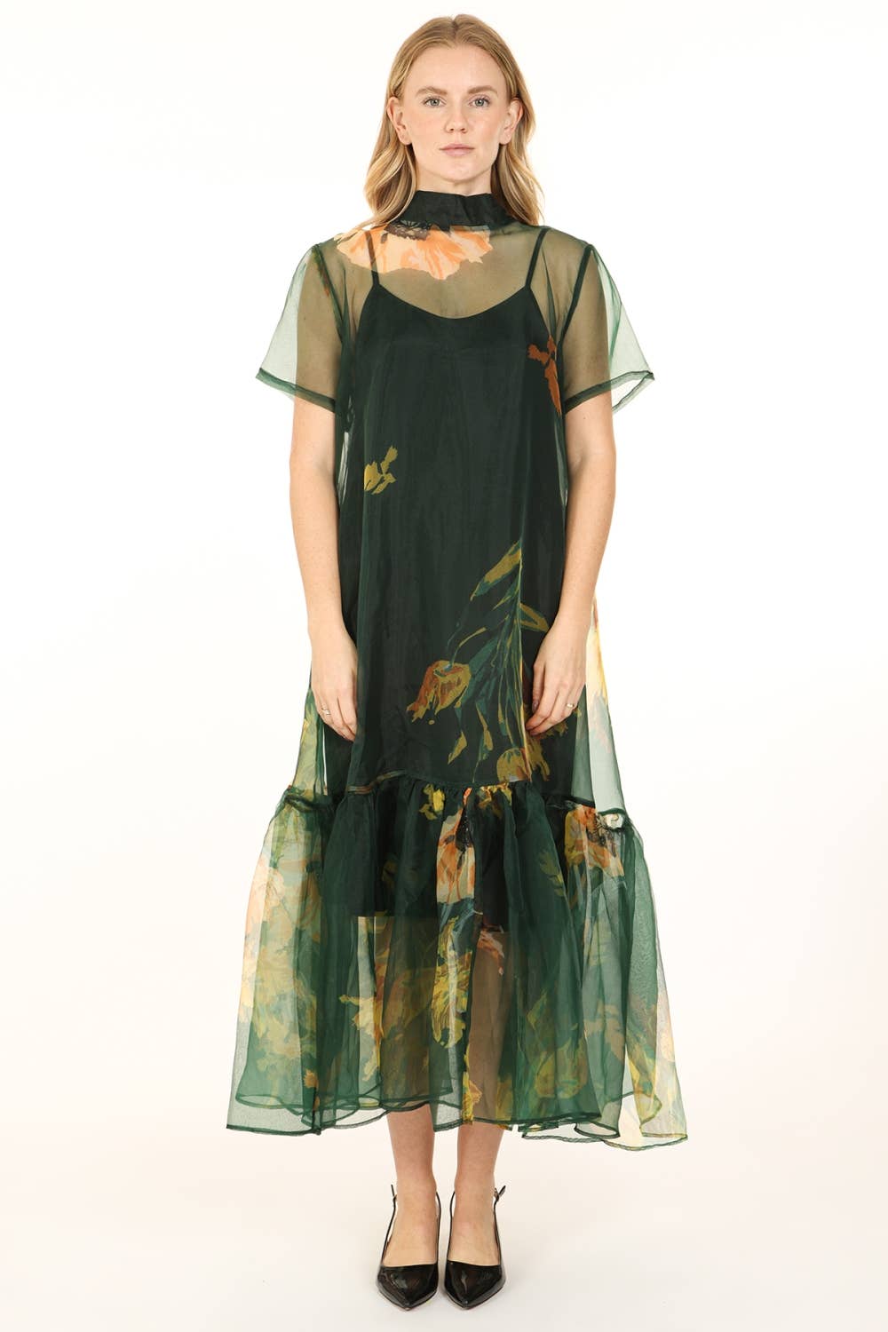 Green Floral Printed Sheer Maxi Dress