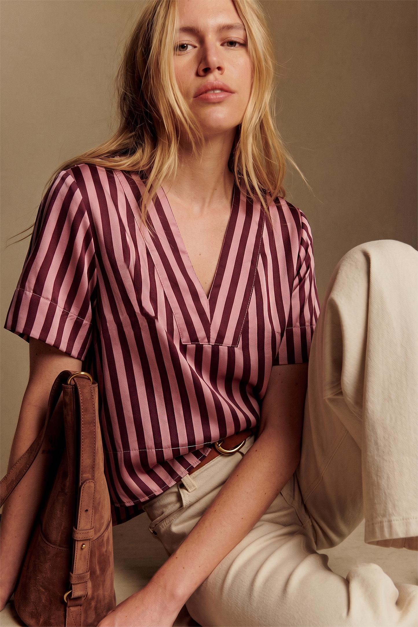 V-Neck Striped Top - Burgundy& Dusty Rose