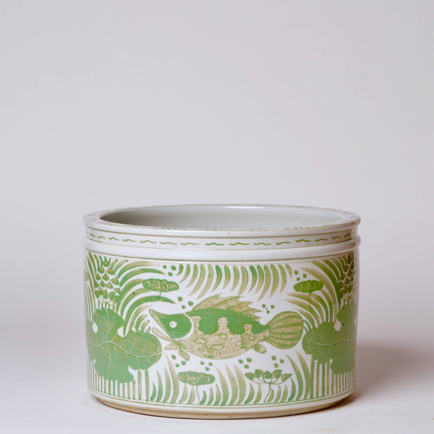 Green & White Fish & Lotus Wide Cachepot