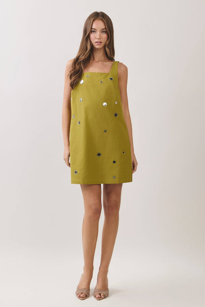 Olive Mirror Embellished Mini Dress