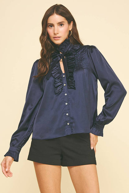 NAVY SATIN BUTTON DOWN TOP