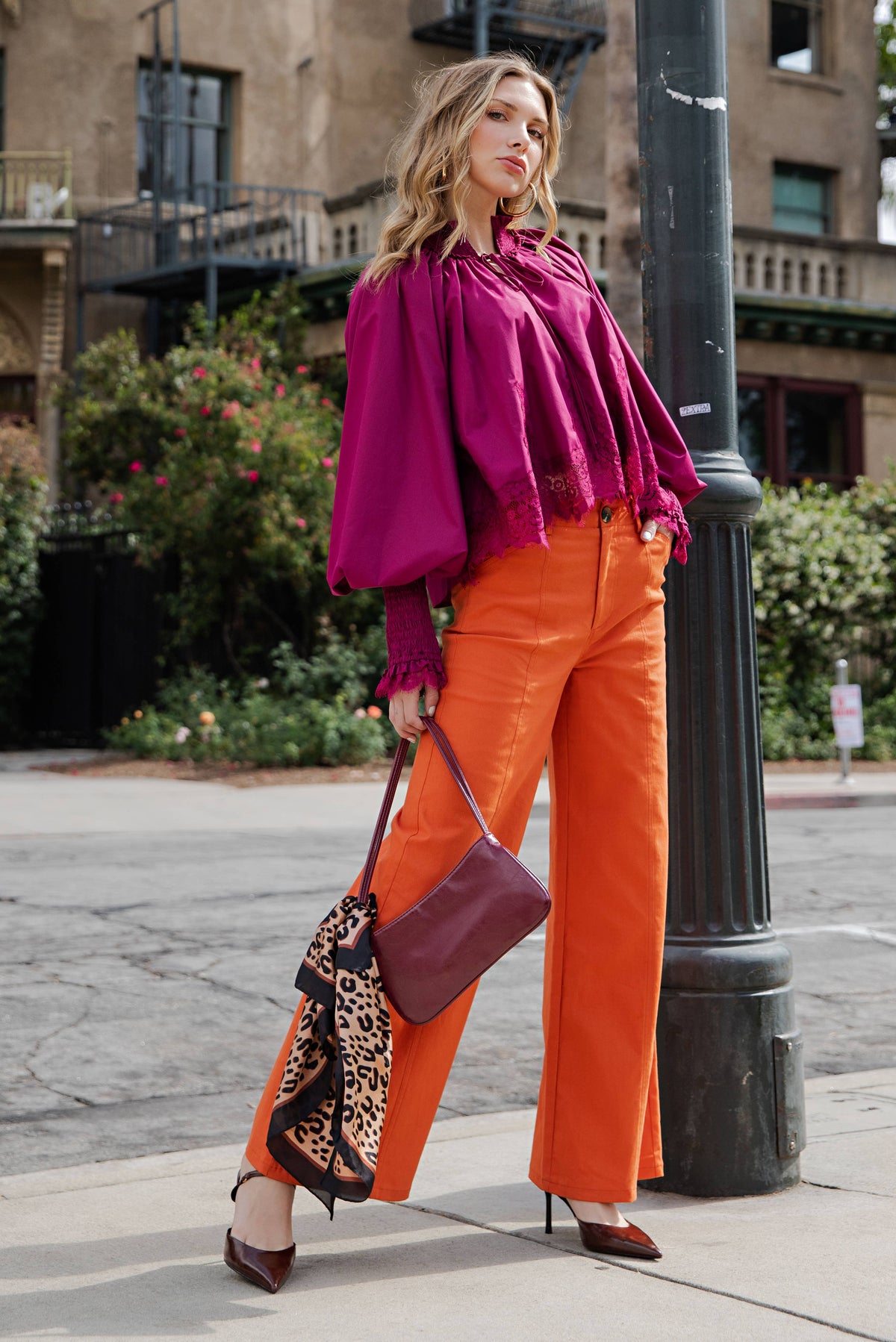 Plum Lace Puff-Sleeve Blouse