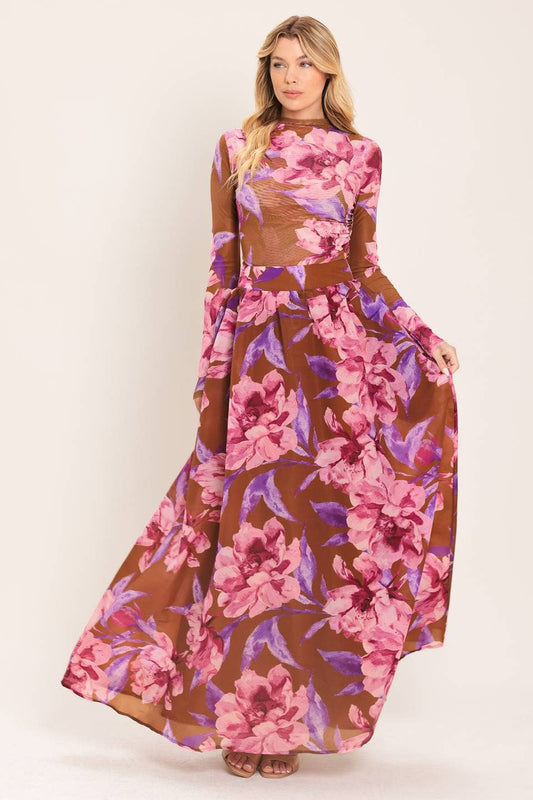 Pink & Brown Floral Skirt Set