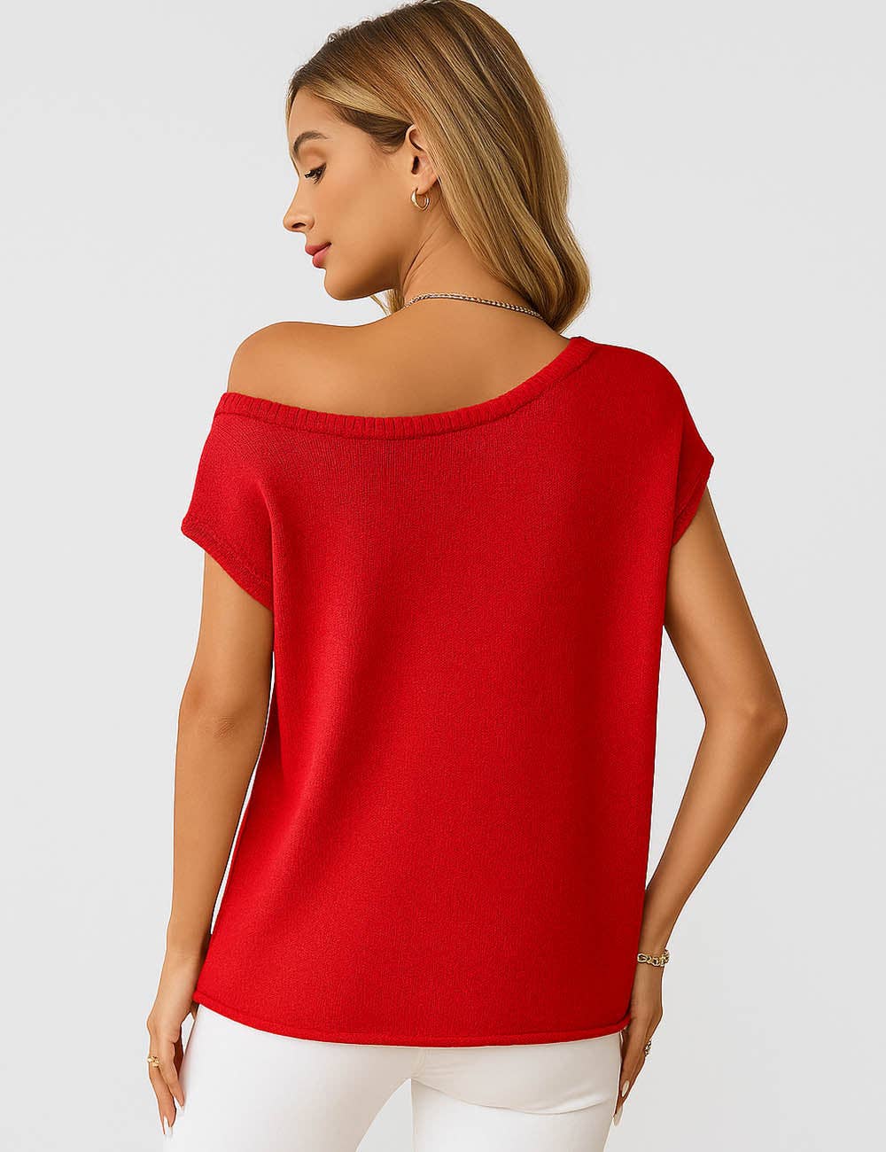 Red One Shoulder Short Sleeve Knit Top