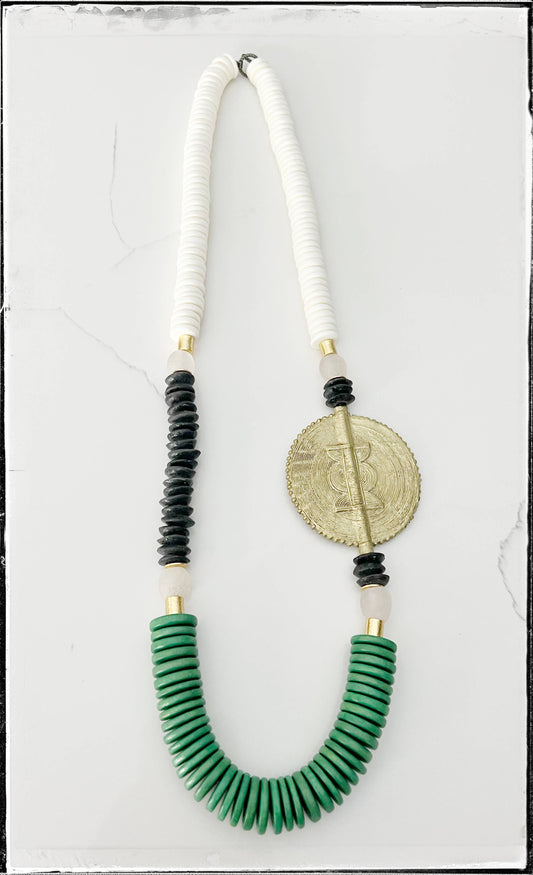 Green Beaded & Brass Pendant Necklace