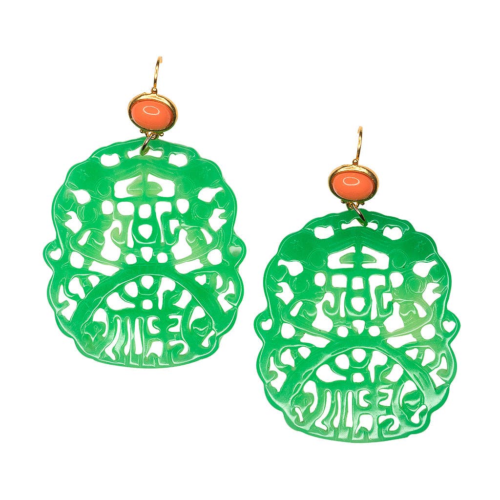 Carved Jade & Coral Earrings
