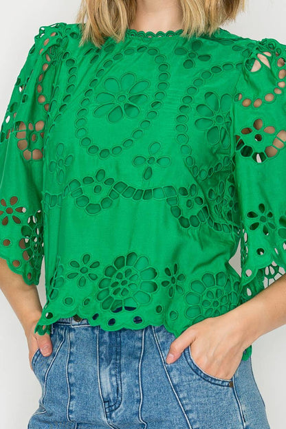 Green Daisy Eyelet Top