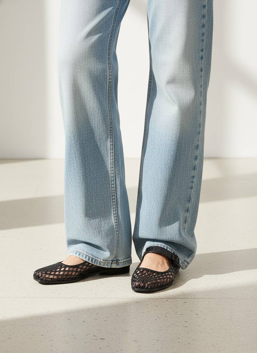 LISA Woven Jelly Mary Jane Flats Tapered Square Toe Trend Sh: CAMEL / B18