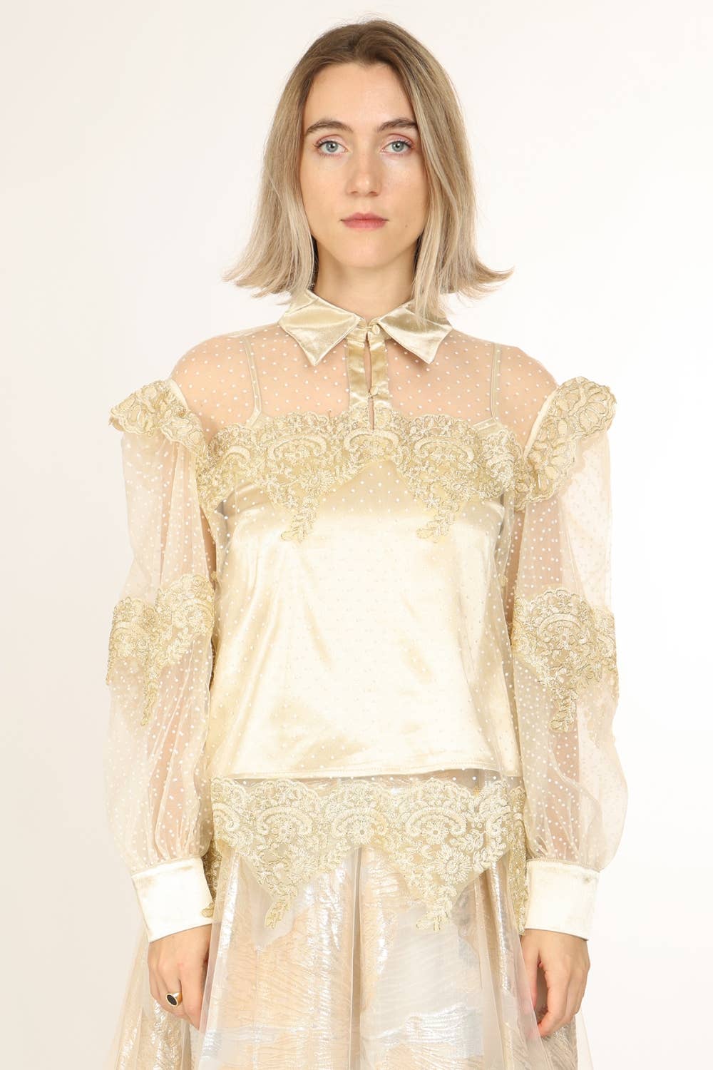 Gold Lace Trim  Chiffon Blouse