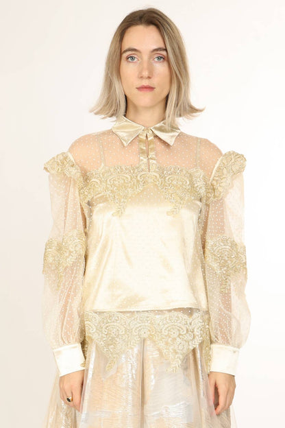 Gold Lace Trim  Chiffon Blouse