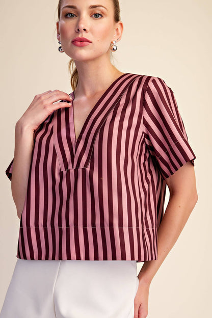 V-Neck Striped Top - Burgundy& Dusty Rose