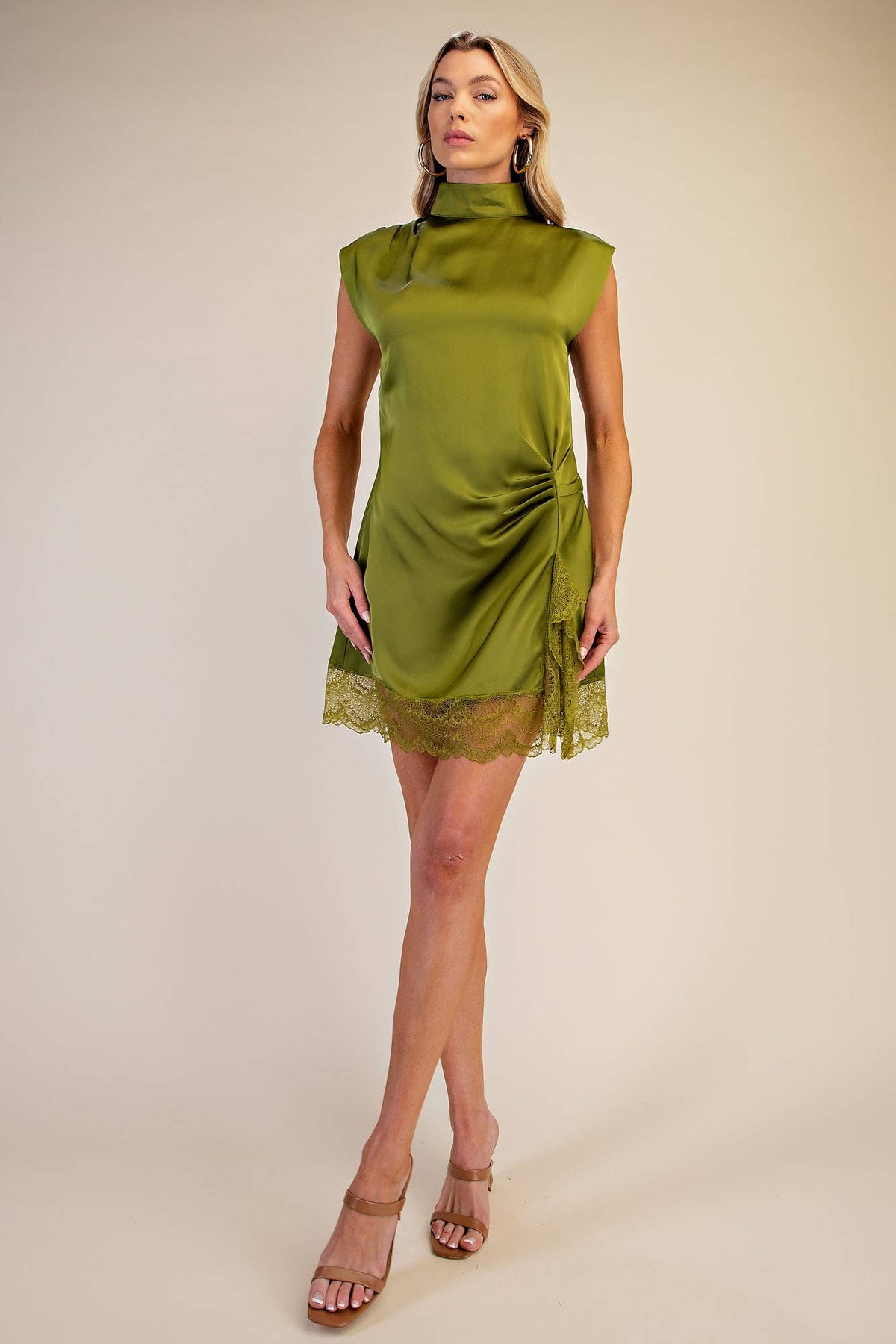 Olive High Neck Lace Mini Dress