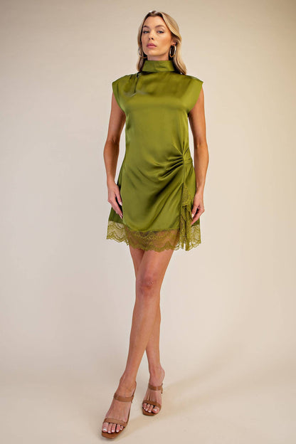 Olive High Neck Lace Mini Dress