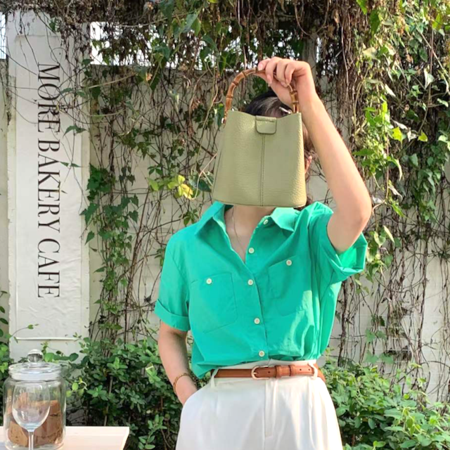 Bamboo Top Handle Crossbody Bag w/Cosmetic Pouch: 07 Green