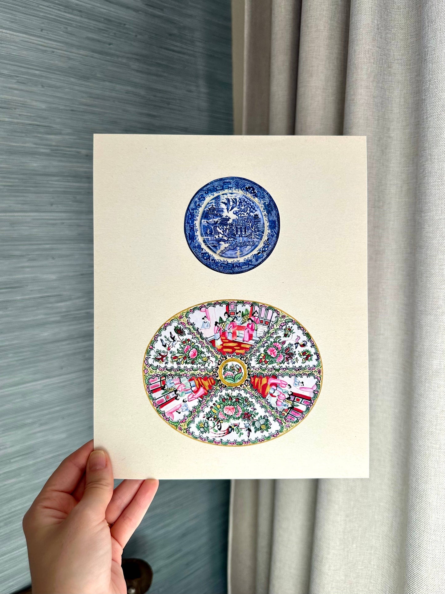 Blue Willow Rose Medallion Watercolor Art Prints: 11x14"