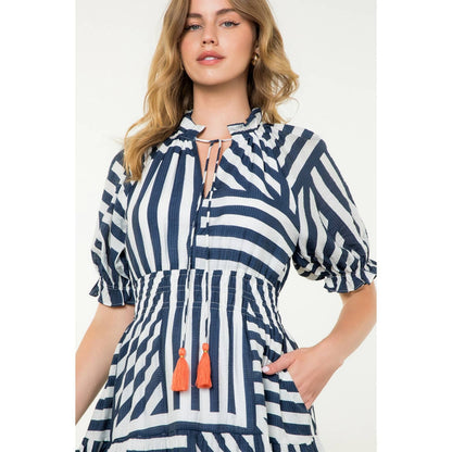 Navy Striped Tiered Dress