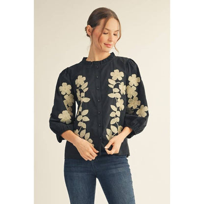 Black Top - Embroidered Flower