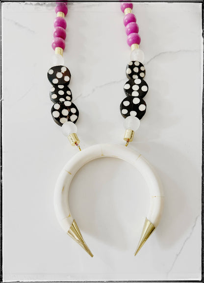 Hot Pink Wood & Bone Beaded Necklace