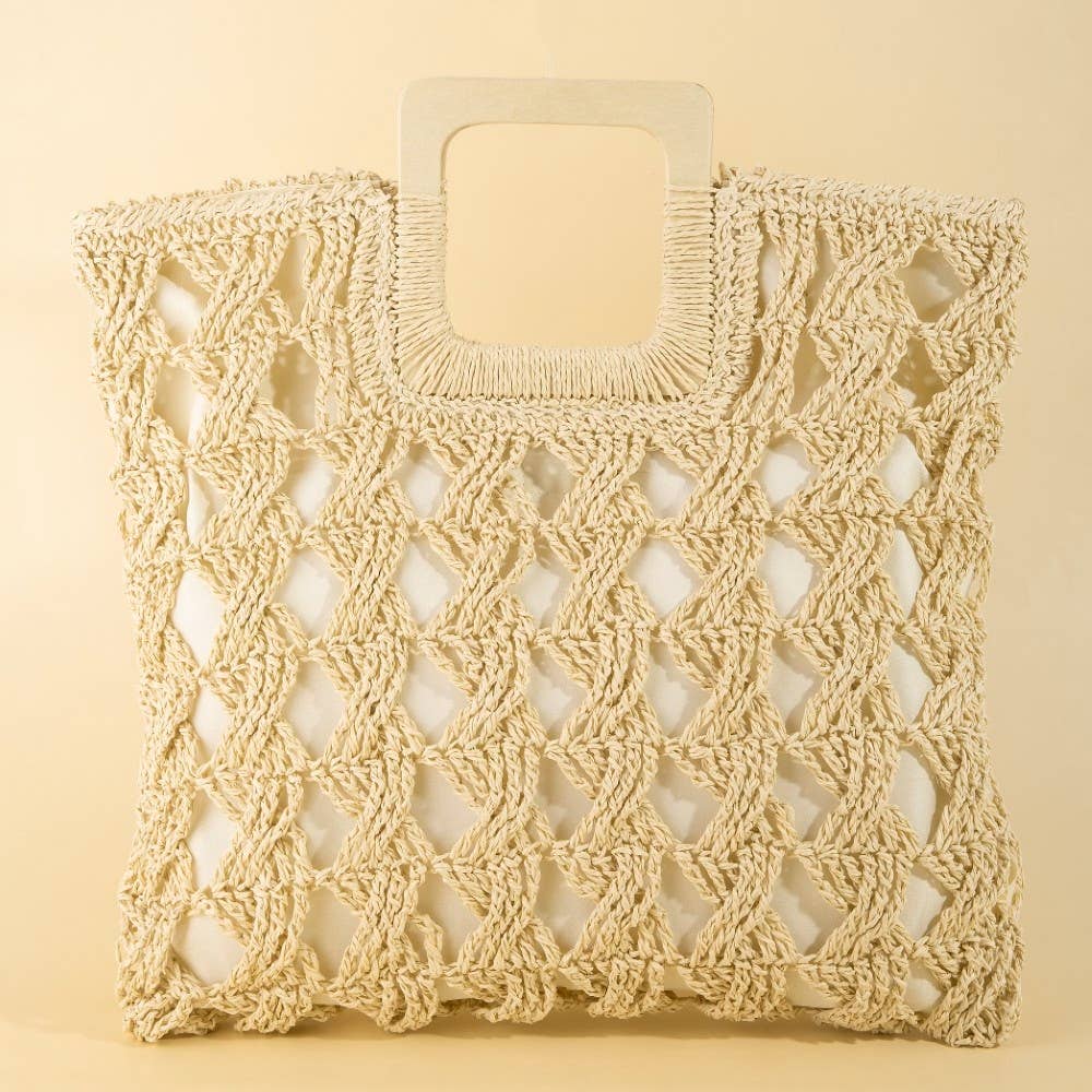 Square Straw Braided Tote Bag - Beige