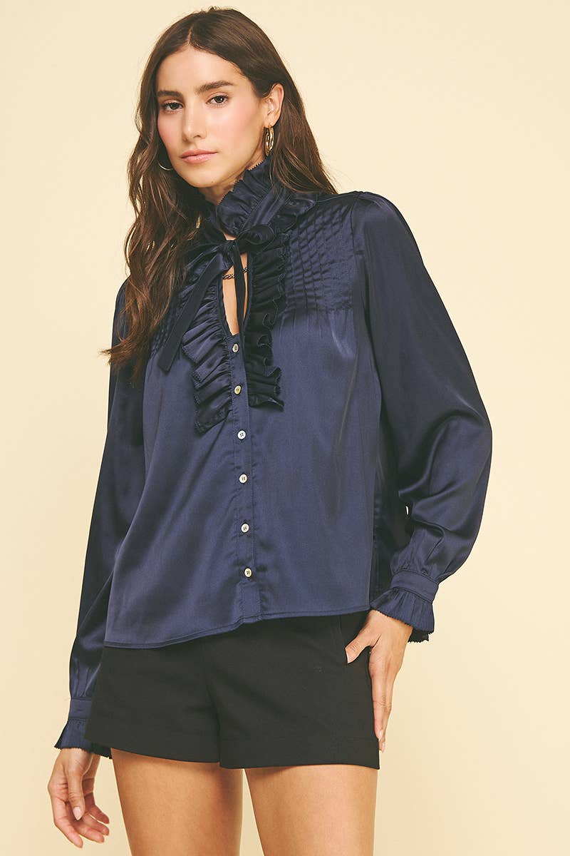 NAVY SATIN BUTTON DOWN TOP