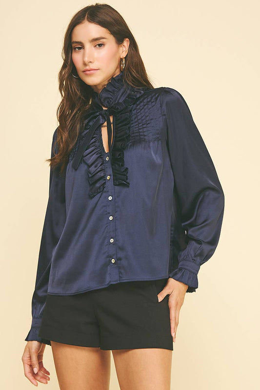 NAVY SATIN BUTTON DOWN TOP