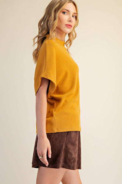 Mock Neck Short Sleeve Pullover Knit Top: Black / S